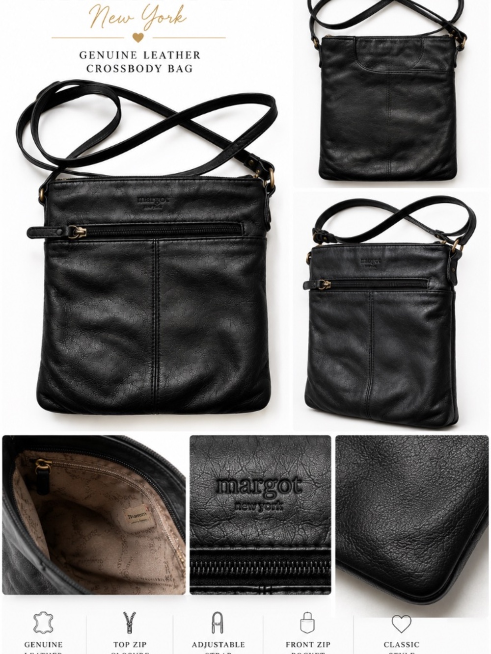 MARGOT New York Genuine Leather Crossbody Bag – Black | Classic Everyday Style